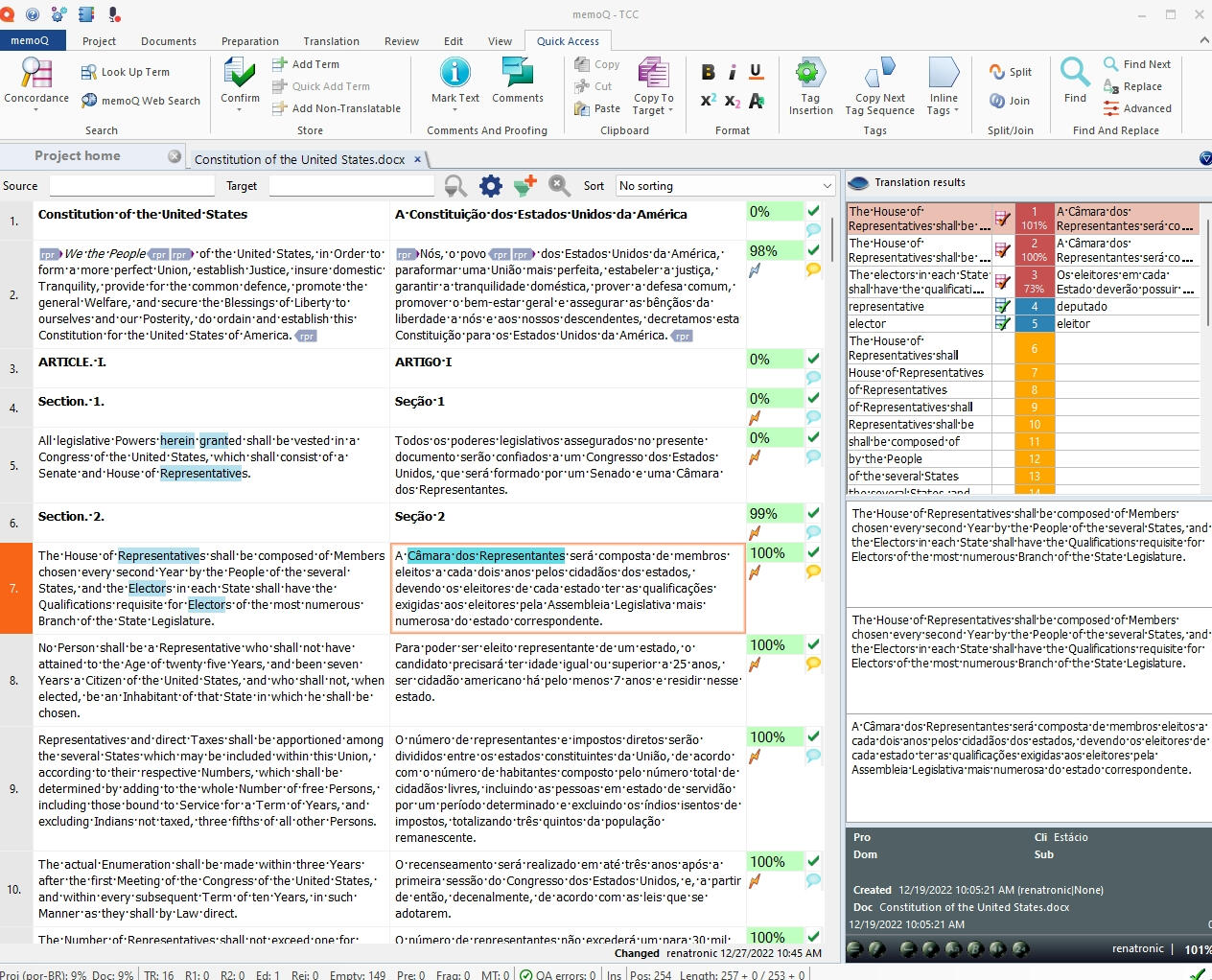 Translation of the Constitution of the United States in memoQ